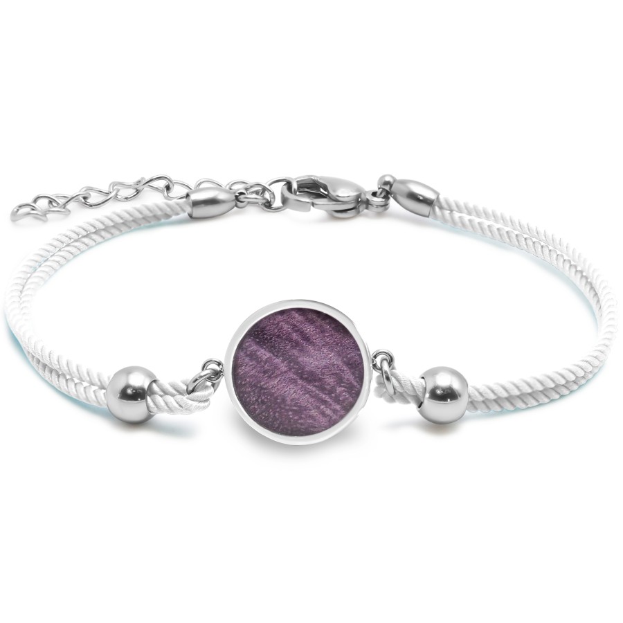 Bracelet acier - coton blanc - bois teinté violet - diamètre 15mm -...