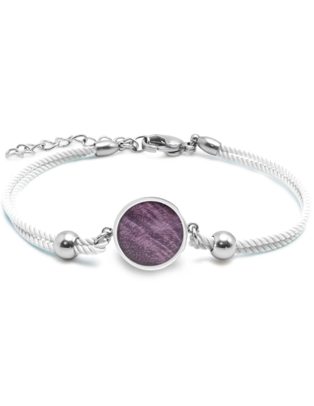 Bracelet acier - coton blanc - bois teinté violet - diamètre 15mm -...