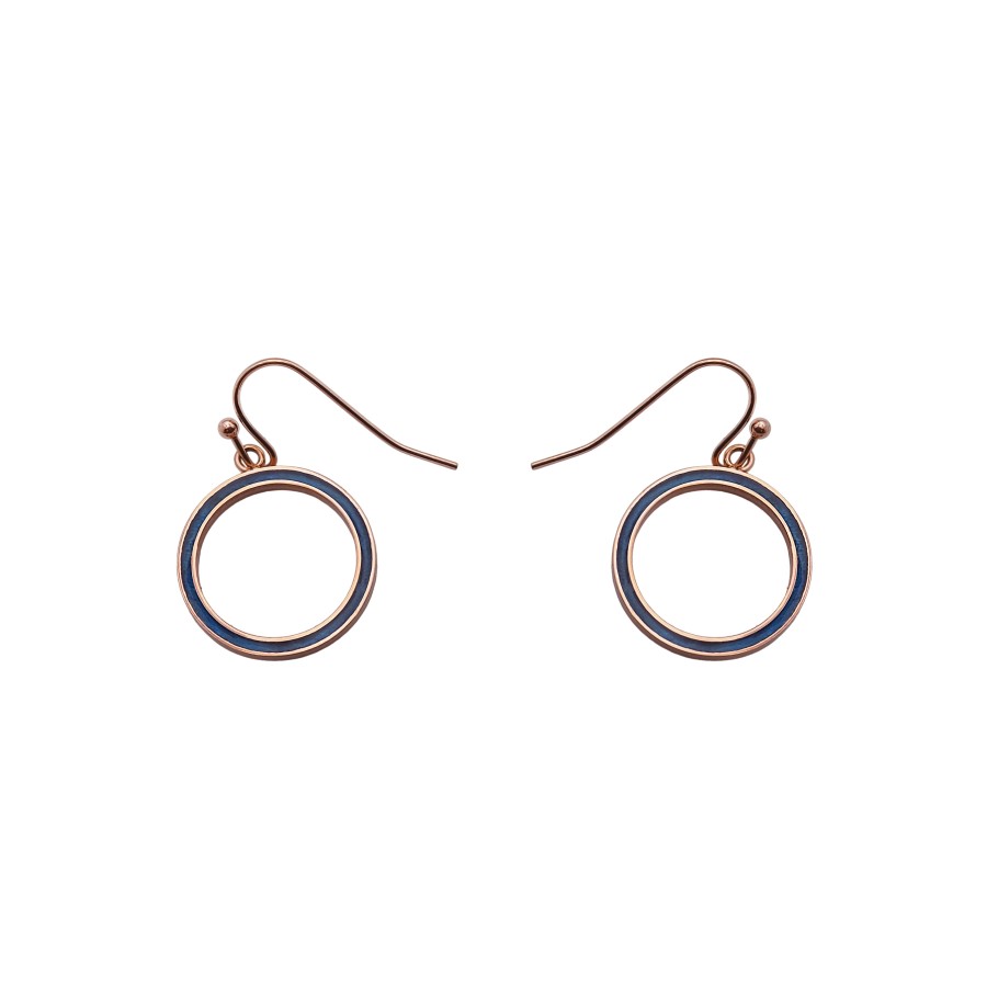 Boucles d'oreille acier - PVD rosé - bois teinté bleu - diamètre 18...