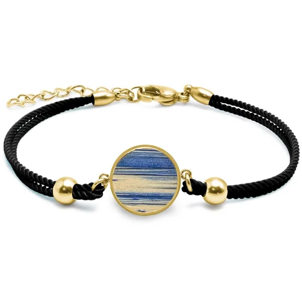 Bracelet acier - PVD doré- coton noir - bois teinté jaune et bleu -...