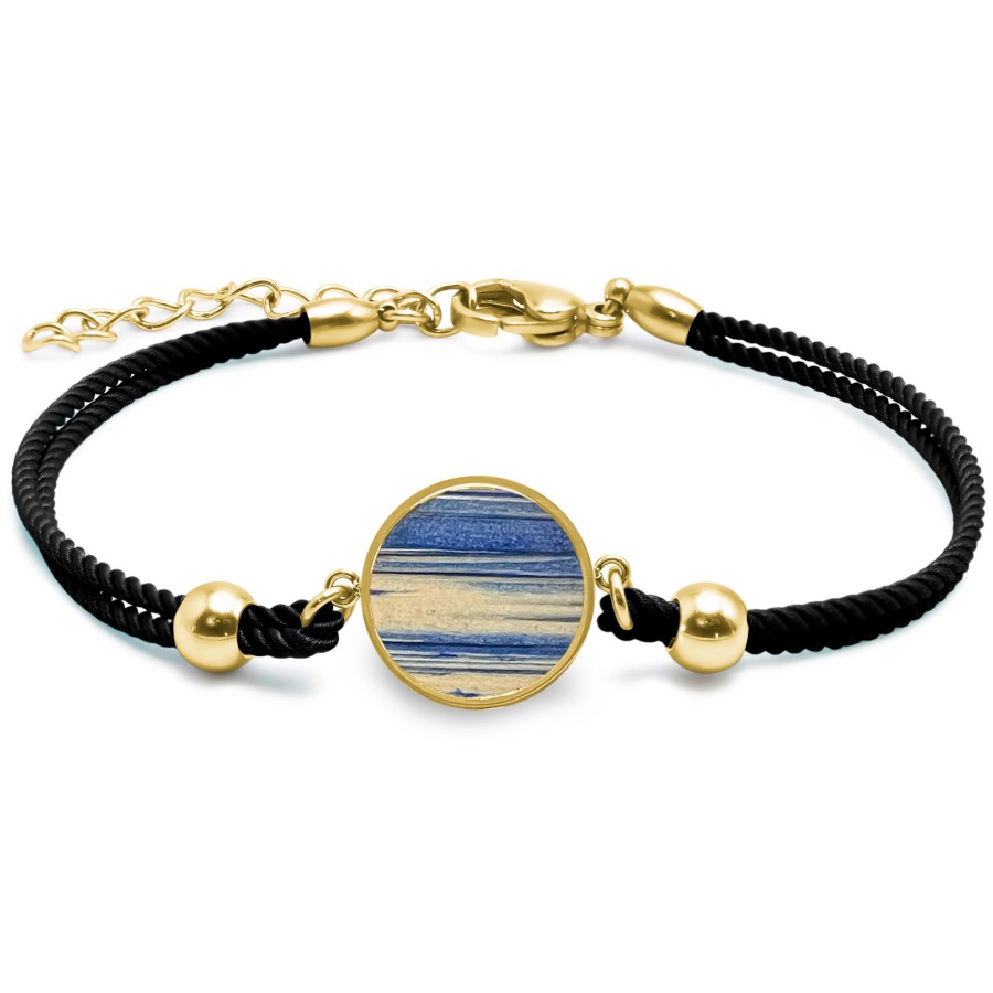 Bracelet acier - PVD doré- coton noir - bois teinté jaune et bleu -...