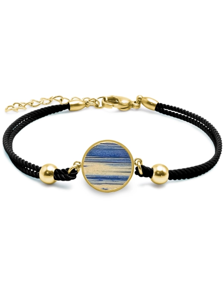 Bracelet acier - PVD doré- coton noir - bois teinté jaune et bleu -...