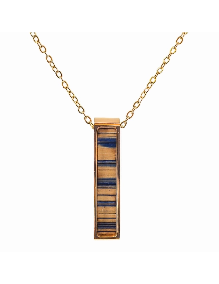 Collier acier - PVD doré - bois teinté jaune et bleu - 32x7mm - 45+...