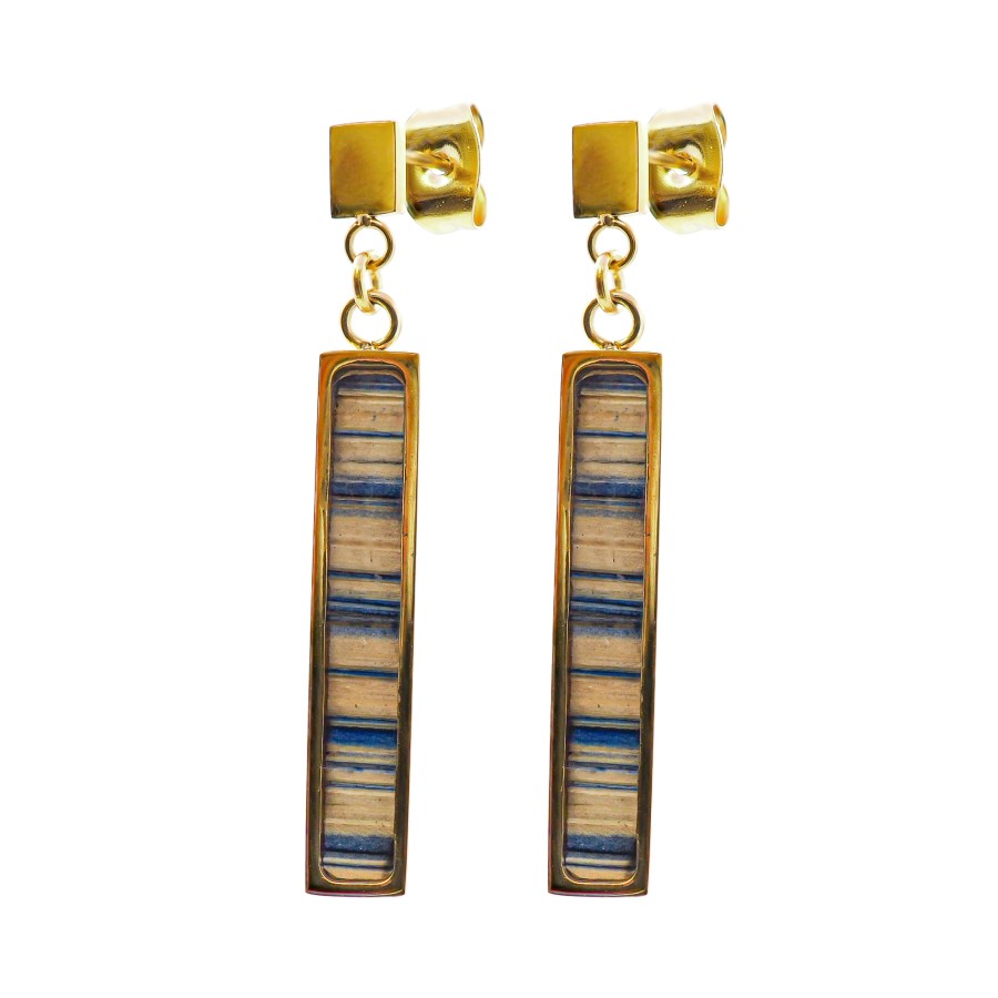 Boucles d'oreilles acier - PVD doré - bois teinté jaune et bleu - 2...