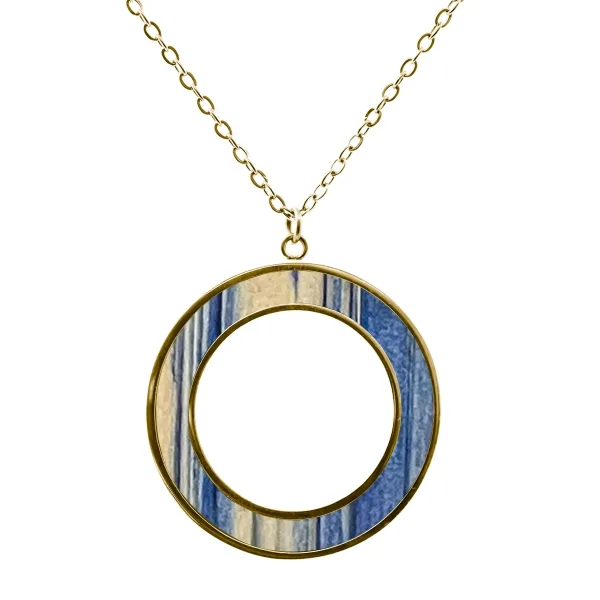 Collier acier - PVD doré - bois teinté jaune et bleu - diamètre 30m...