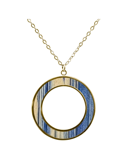 Collier acier - PVD doré - bois teinté jaune et bleu - diamètre 30m...