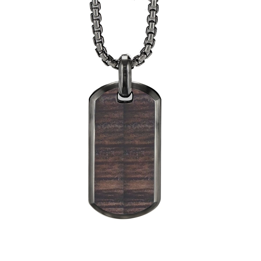 Collier en acier - PVD noir - imitation bois cerf incrusté - pendan...
