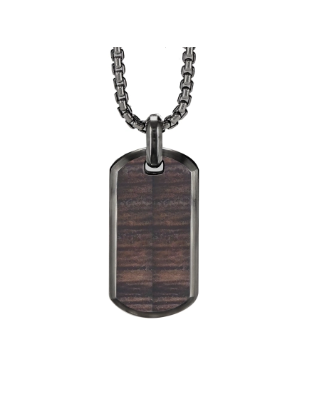 Collier en acier - PVD noir - imitation bois cerf incrusté - pendan...