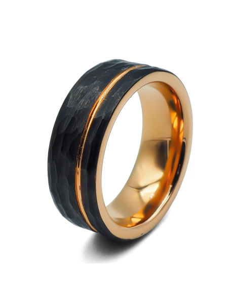 Bague Tunsgtène - PVD noir - intérieur rosé - finition martelé - la...