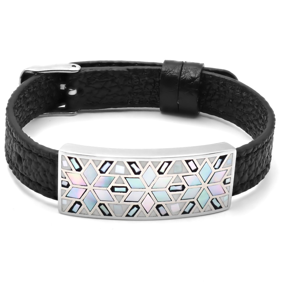 Bracelet acier - émail - nacre - cuir noir - largeur 1cm - bracelet...