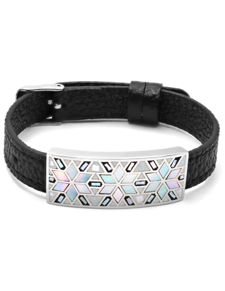 Bracelet acier - émail - nacre - cuir noir - largeur 1cm - bracelet...