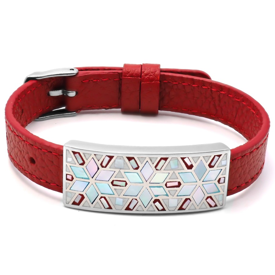 Bracelet acier - émail - nacre - cuir rouge - largeur 1cm - bracele...