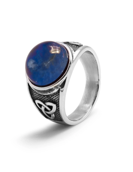 Chevalière en acier homme - finition vintage - cabochon lapis lazul...