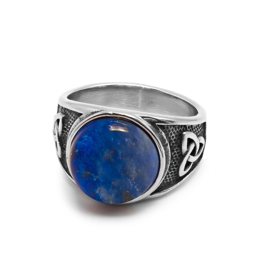 Chevalière en acier homme - finition vintage - cabochon lapis lazul...