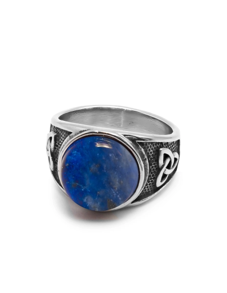 Chevalière en acier homme - finition vintage - cabochon lapis lazul...