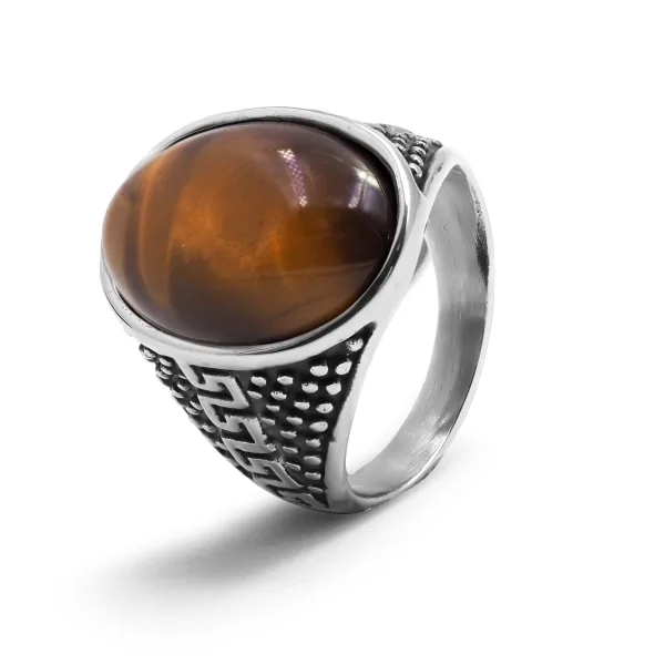 Chevalière en acier homme - finition vintage - cabochon œil de tigr...
