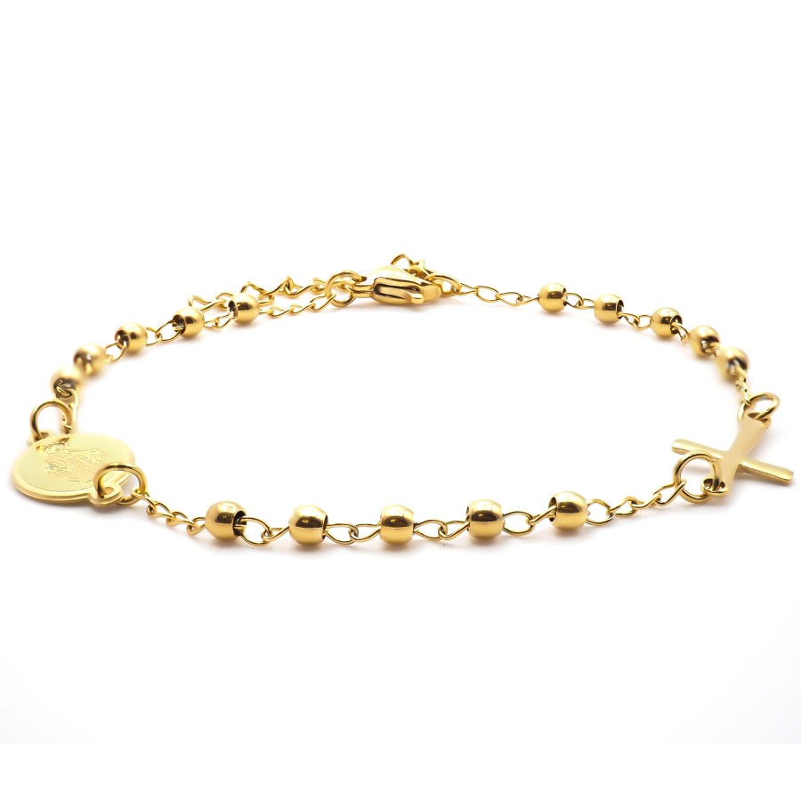 Bracelet chapelet en acier - doré -saint rosaire - croix - 16+5cm -