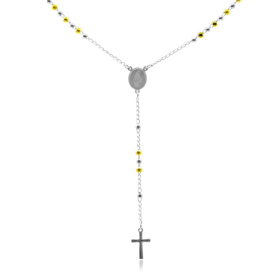 Collier chapelet en acier - couleur argent - medaillon et croix - b...