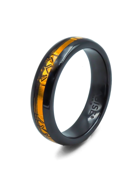 Bague en céramique noir - feuilles dorées incrustées - 5mm -Taille 50 à 64