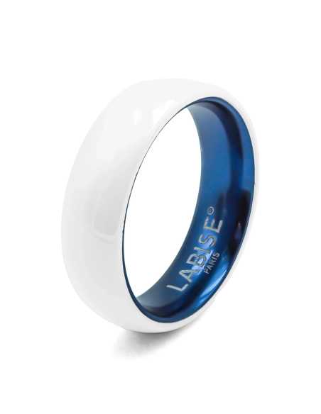 Bague en céramique blanche - intérieur aluminium bleu foncé - 6mm - Taille 50 à 64