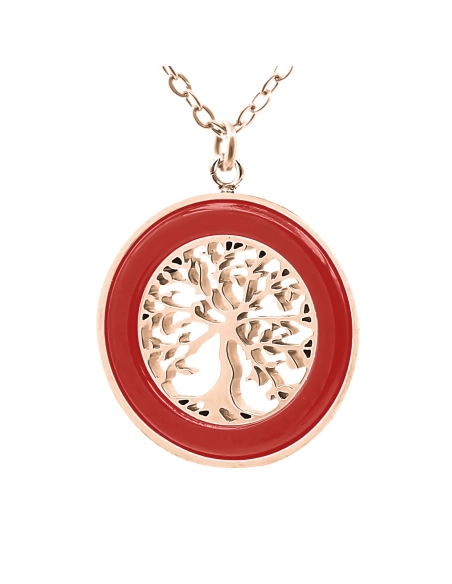 Collier acier - PVD rosé - céramique rouge - arbre de vie 18mm - 40+5cm