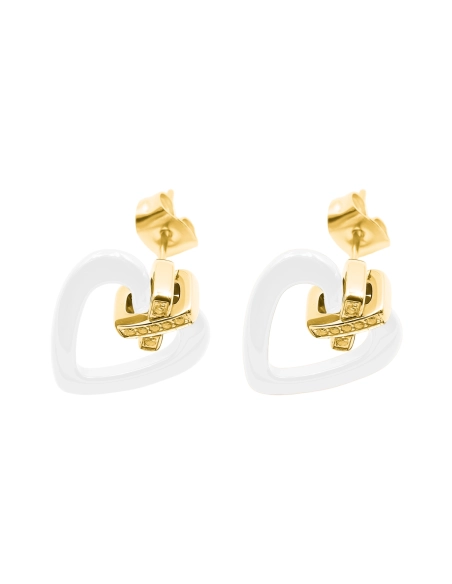 Boucles d'oreille acier - PVD doré - céramique blanche - zircons - coeur 18mm