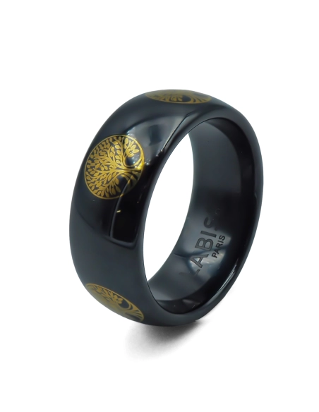 Bague céramique noire - bombée - plaqué or 18K - arbre de vie - Taille 52 à 62
