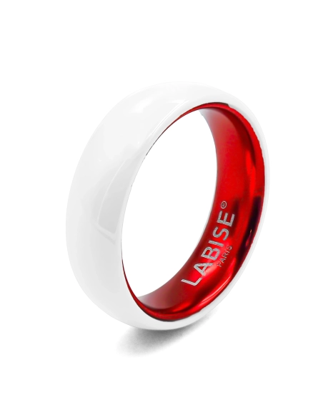 Bague en céramique blanche - intérieur aluminium rouge - 6mm -Taille 50 à 64