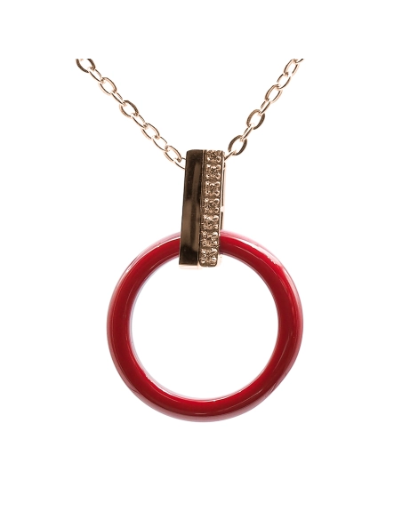 Collier acier - PVD rosé - céramique rouge - zircons - cercle 20mm - 40+10cm