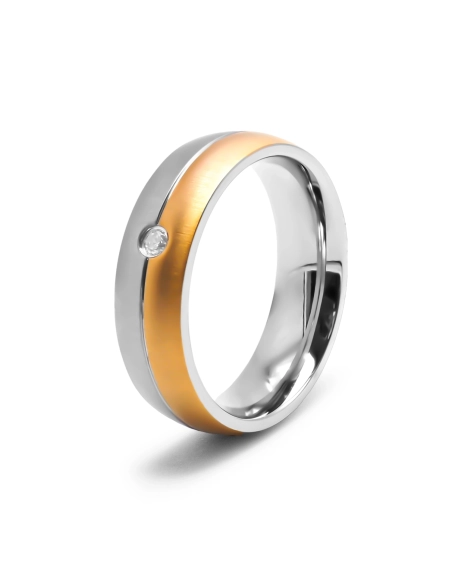 Bague en acier 2 tons - PVD doré - largeur 6mm - zircon
