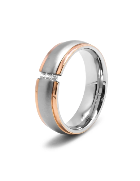 Bague en acier 2 tons - PVD rosé - largeur 6mm - zircons