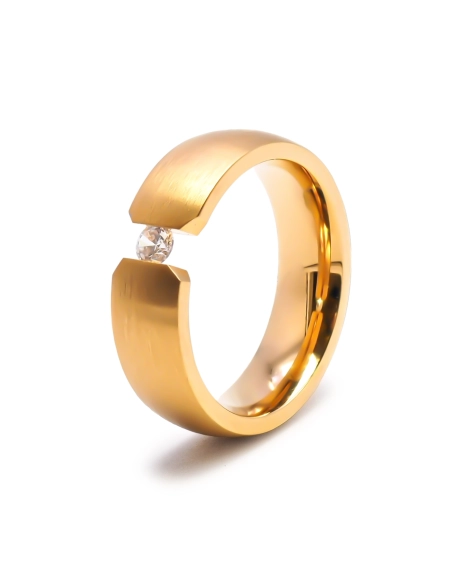 Bague en acier PVD doré - largeur 6mm - zircon