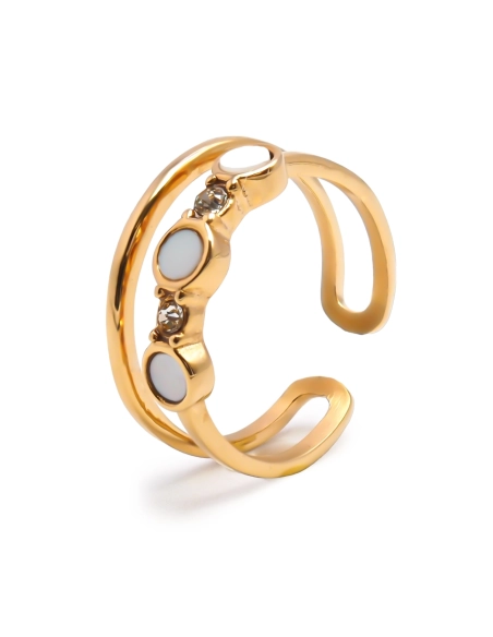 Bague en acier PVD doré - largeur 6mm - zircons - nacre