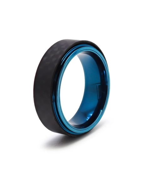 Bague en acier PVD bleu - fibre de carbone