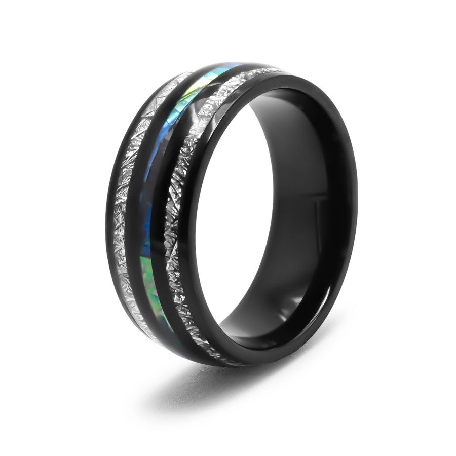 Bague en acier PVD noir - 8mm - nacre abalone - météorite imitation