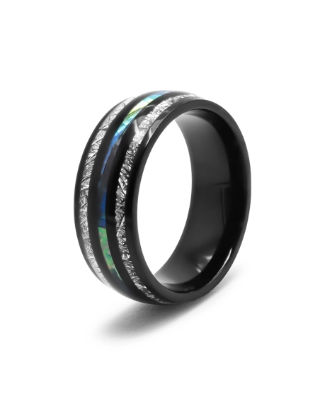 Bague en acier PVD noir - 8mm - nacre abalone - météorite imitation