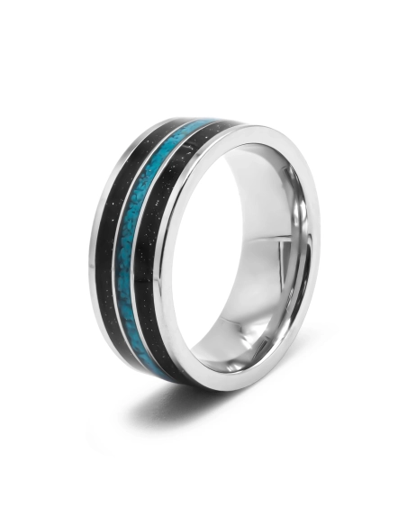 Bague en acier - 8mm - bois - turquoise imitation