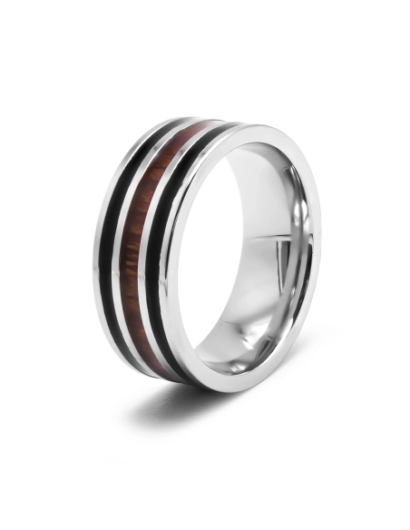 Bague en acier  - 8mm - email - bois