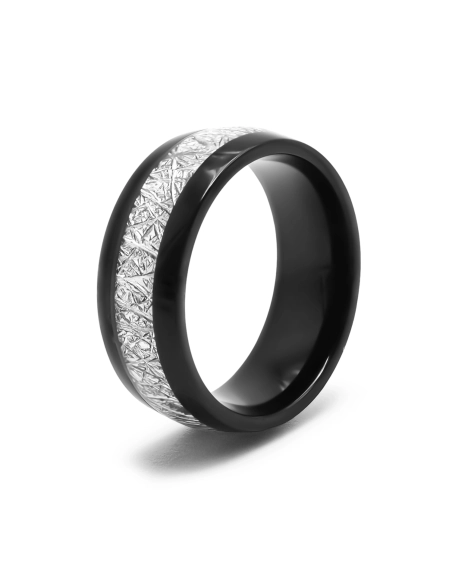 Bague en acier PVD noir - 8mm - météorite imitation