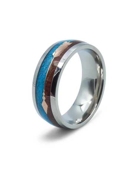 Bague en acier - 8mm - bois - turquoise imitation