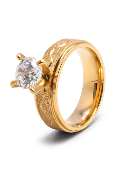 Bague en acier PVD doré - zircon