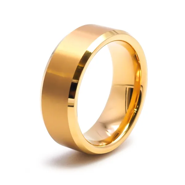 Bague tungstène - PVD Doré - finition brossée - côté biseauté - lar...