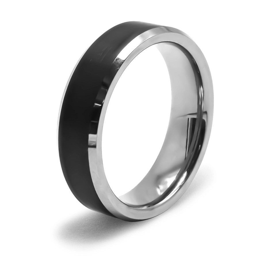 Bague tungstène - couleur argent & PVD Noir - côté biseauté 1mm cha...