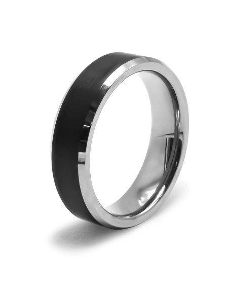 Bague tungstène - couleur argent & PVD Noir - côté biseauté 1mm cha...