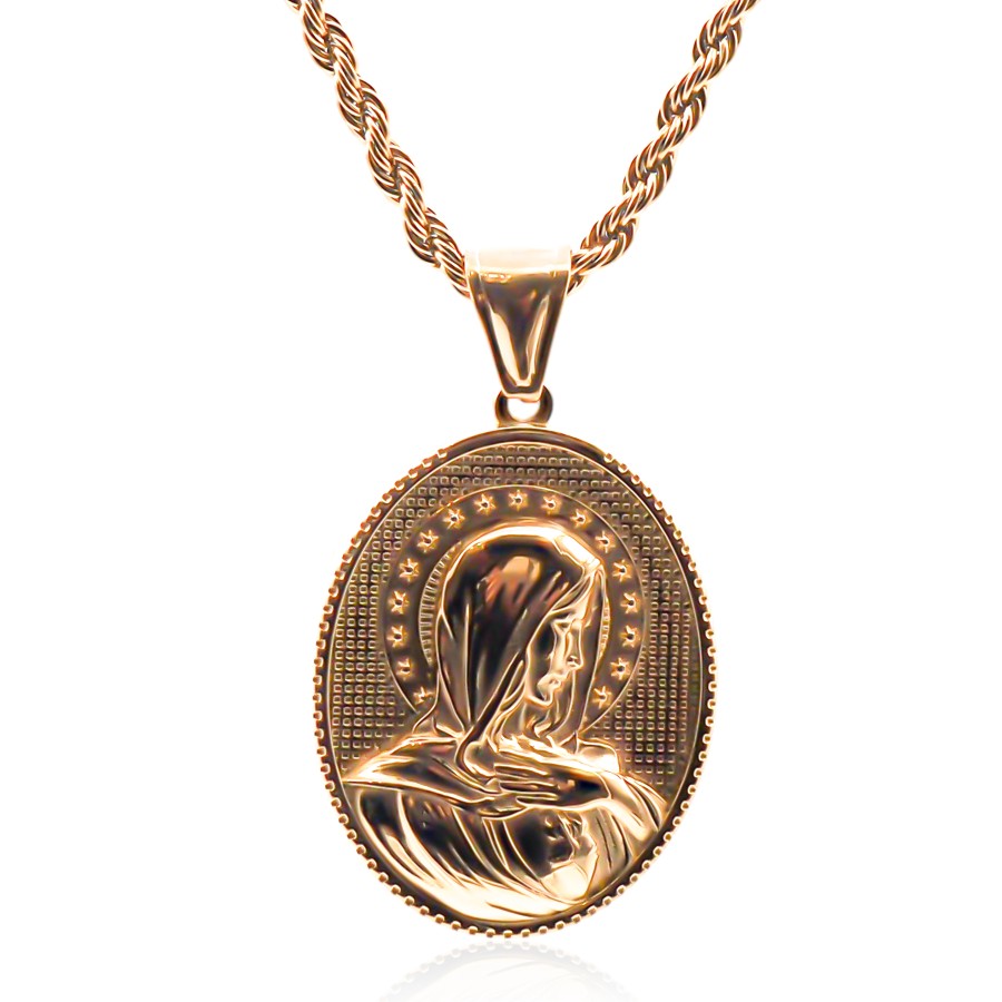 Collier en acier - doré - maille corde - pendentif st vierge marie ...