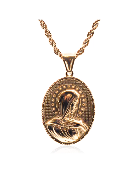 Collier en acier - doré - maille corde - pendentif st vierge marie ...