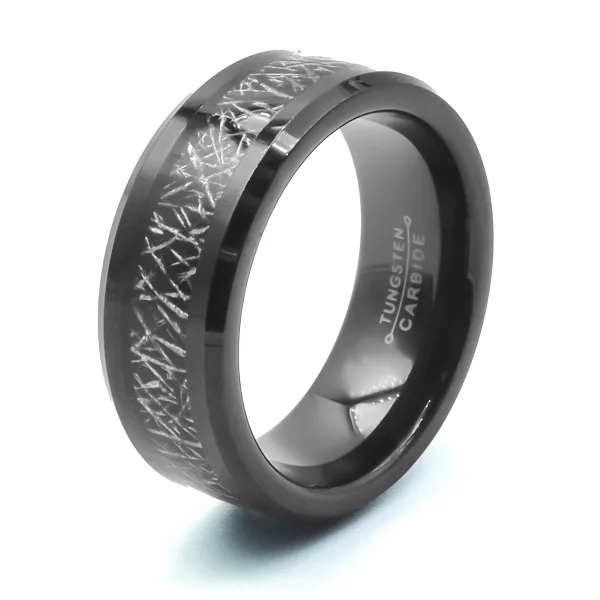 Bague tunsgtène - PVD noir - intérieur confort - incrustation imita...