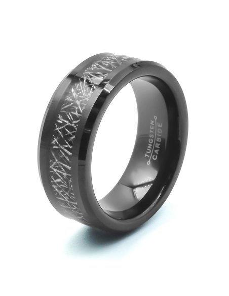 Bague tunsgtène - PVD noir - intérieur confort - incrustation imita...
