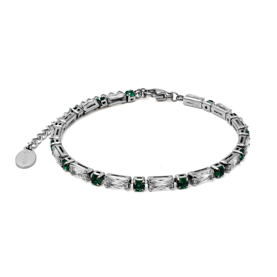 Bracelet acier - zircons blanc facettés 3x6mm et imitation éméraude...
