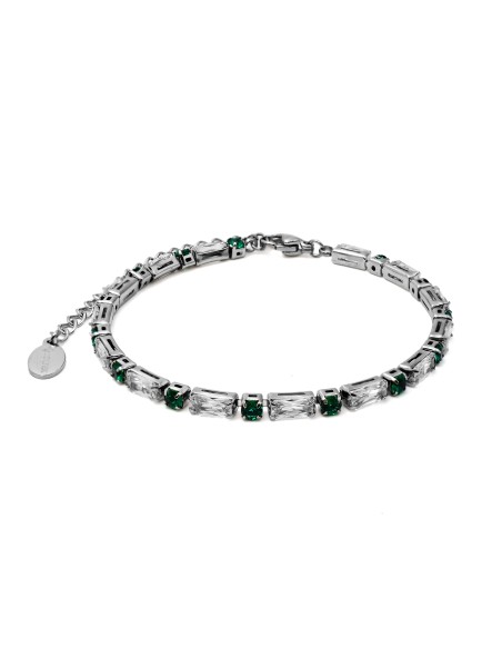 Bracelet acier - zircons blanc facettés 3x6mm et imitation éméraude...